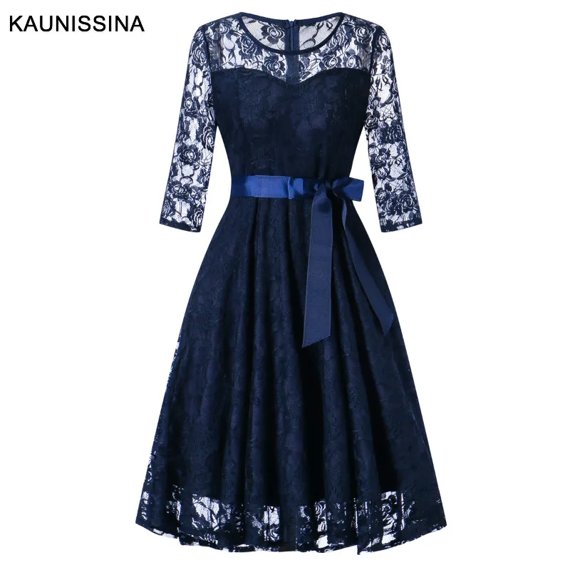 Navy Blue KAUNISSINA, элегантное кружевное коктейльное платье, рукав 3/4, открытое женское платье, халаты, коктейльное платье, платья для выпускного вечера - Цвет: Navy Blue