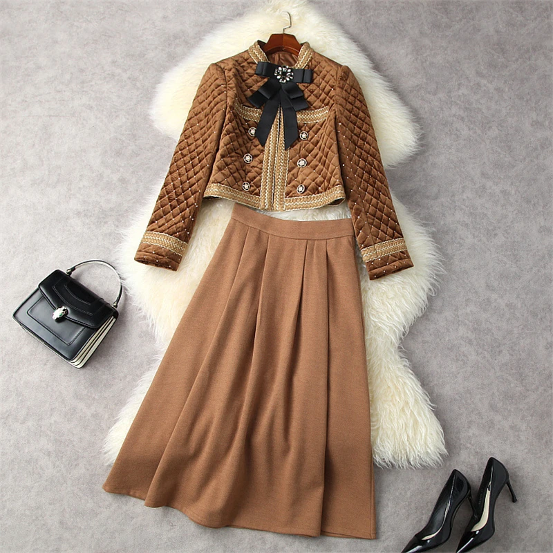 

Fashion Winter Velour 2 Piece Dress Set Women's Designer Sequined Bowknot Short Jacket Coat and Skirt Suit Party Vintage Outfits