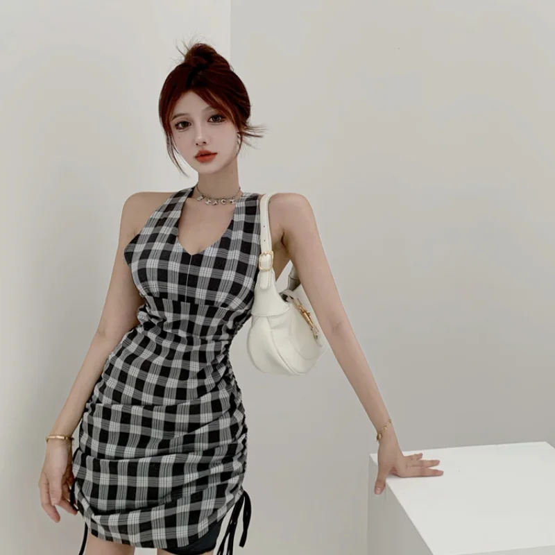 

Plaid Summer Style Hollow Out V-neck Off Shoulder Tank Bandage Bodycon Dress Sexy Club Mini-dresses Women Backless Sleeveless