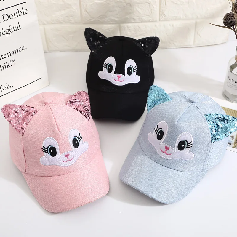 

2021 New Cute Rabbit Embroidery Children's Baseball Cap Shiny Hat Rabbit Ears Lovely Boy Girl Kids Snapback Adjustable Sequin