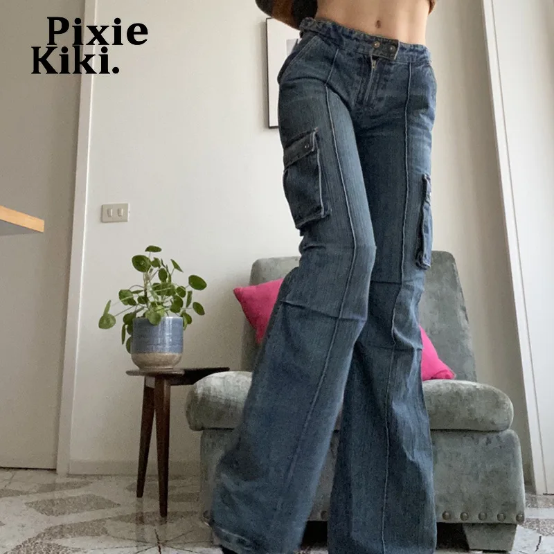 

Джинсы-карго PixieKiki Y2k с низкой посадкой, винтажные брюки, уличная одежда, женские джинсовые брюки в стиле 90-х