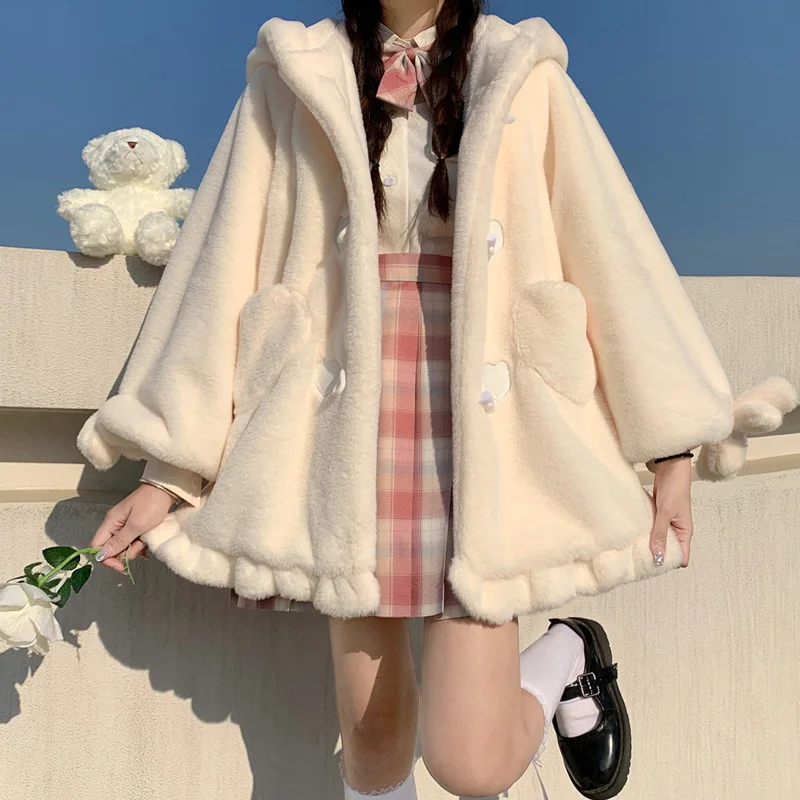 Japanese Kawaii Girl Jk Faux Fur Teddy Coat Cute Bear Ears Lolita Jacket Women Winter Thickened Lantern Sleeve Female Plush Coat