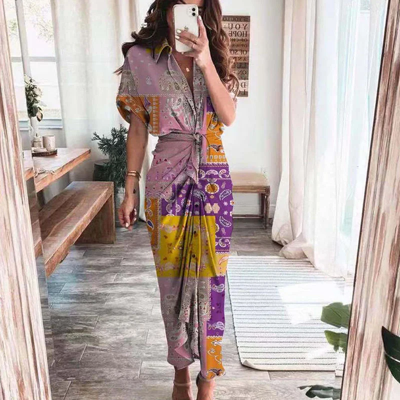

Fashion Sexy Deep V Draped Shirt Long Dress Casual Lady Button Slit Bandage Beach Dress Women Elegant Short Sleeve Party Dresses