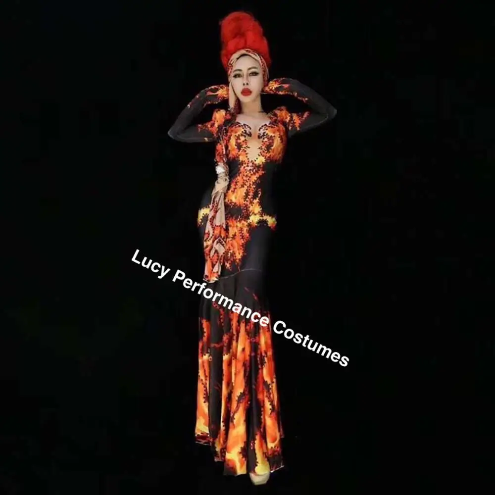 

New nightclub Bar Party DJ female singer sexy hot perm flame long skirt stage performance clothes
