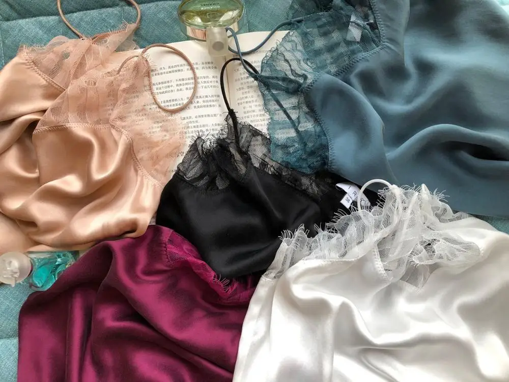 Classic Heavy Sand Washed Silk Spliced flap Lace Sexy Four-color Sling JSP Women Tank Top | Женская одежда