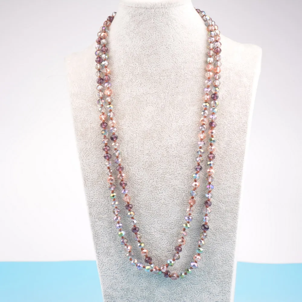 

Rainbery New Fashion Bohemian Jewelry 8mm Crystal Long Hand Knotted Glass Crystal Necklace For Women 60" JN1207
