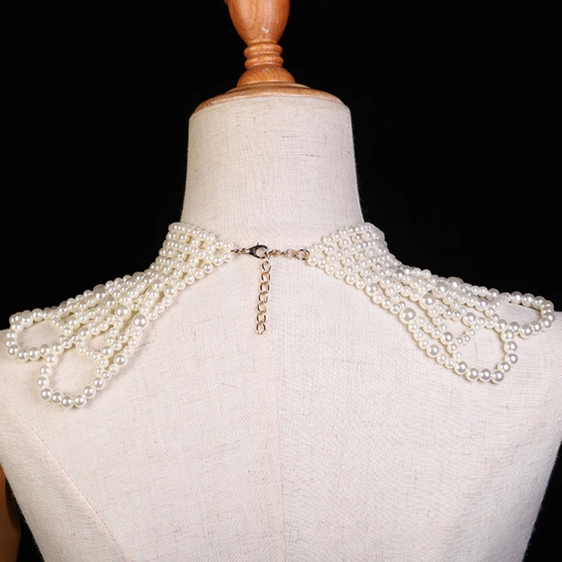 

Imitation Pearl Wavy Chain Necklace Bib Choker Vintage Western Wedding Dress Hollow Out Jewelry Body Chain Collar Shawl