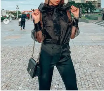 

2020 New Sexy Women Elegant Bow Shirt Tops Long Sleeve Chiffon Solid Mesh Puff Sleeve Blouse And Tops Women Clothing
