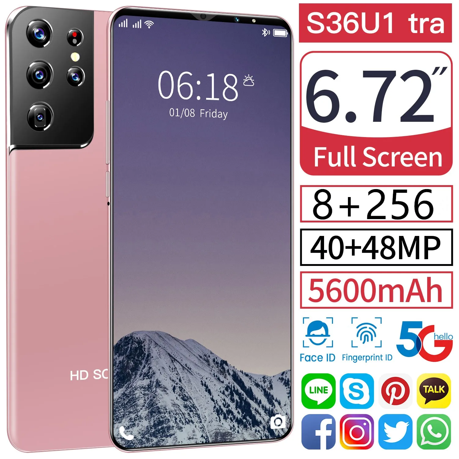 

S36U1 Tra Galxy 6.72 Inch Screen Cellphone 8+256GB 40+48MP 5G Mobile Phone 5600mAh 10 Core Smartphone Face Fingerprint ID