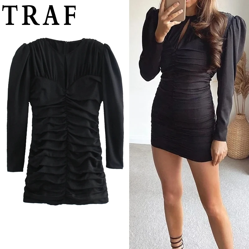 

Женское короткое платье с рюшами, с длинным рукавом