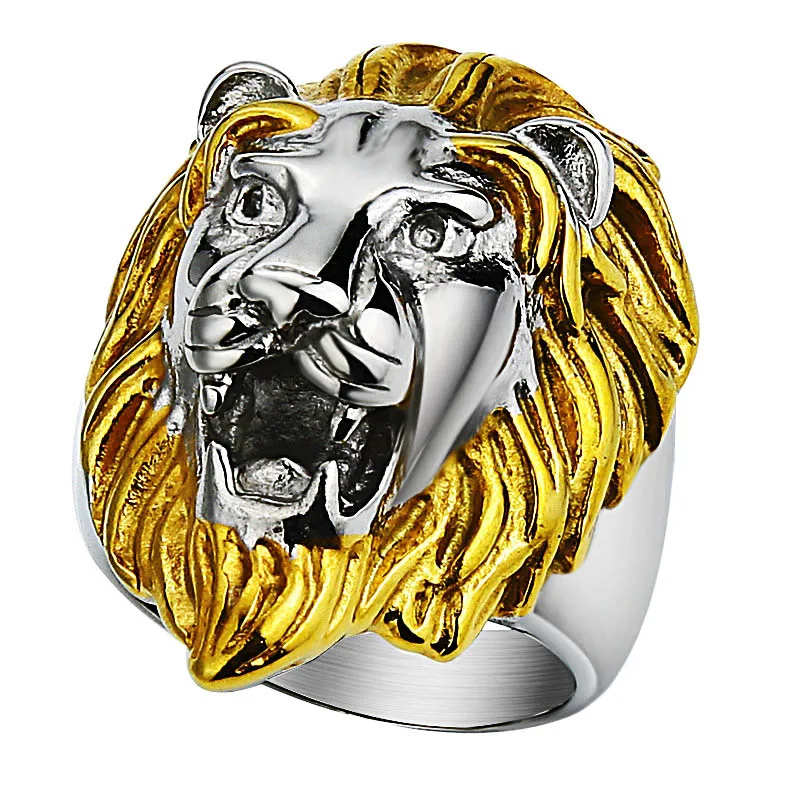 Мужское кольцо из нержавеющей стали серебряного и золотистого цвета Лев