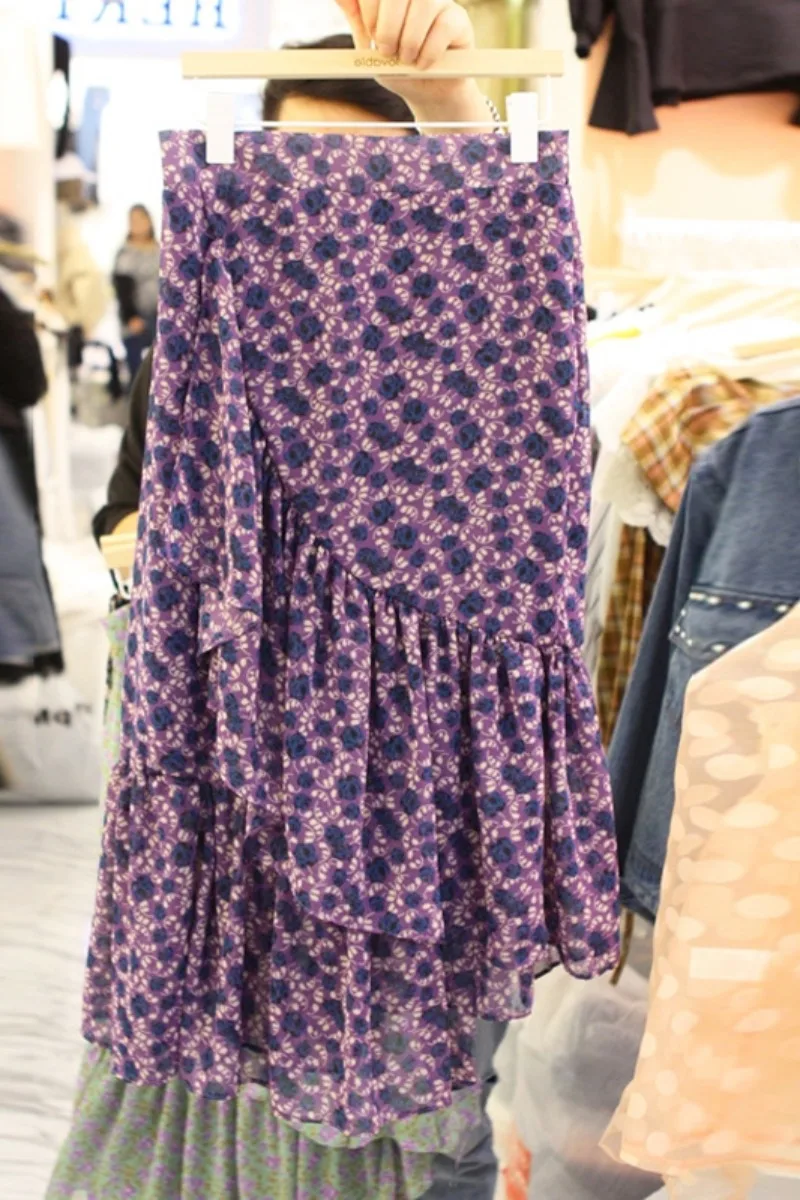 

VANOVICH Korea Spring Summer 2021 New Double-layered Lotus Leaf Side Stitched High-waisted Flower Skirts for Women