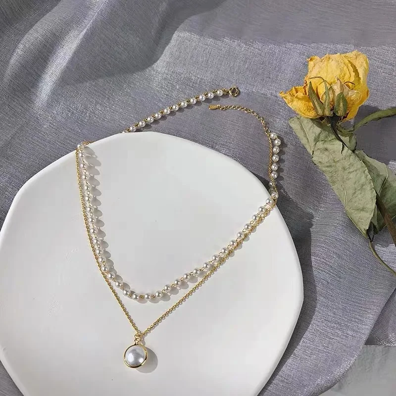 

Chain Pearl Necklace For Women Baroque Pearl Metal Charm Pendants Necklaces Choker Bead Chain Jewelry