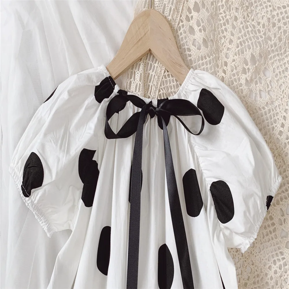 

Summer Baby Girl Cotton Dress Solid Color Newborn Clothes Polka Dot Girls Puff Sleeve Dresses O-neck Casual Clothes with Ribbon
