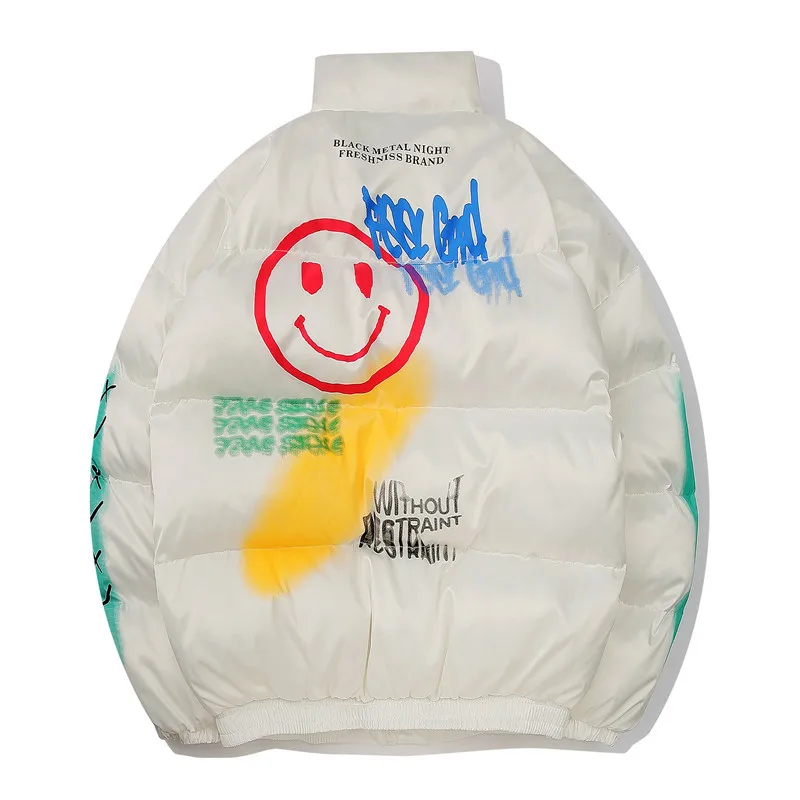 Hip Hop Parka Down Jacket Smile Face Graffiti Print Men Windbreaker Streetwear Harajuku Winter Padded Jacket Coat Warm Outwear