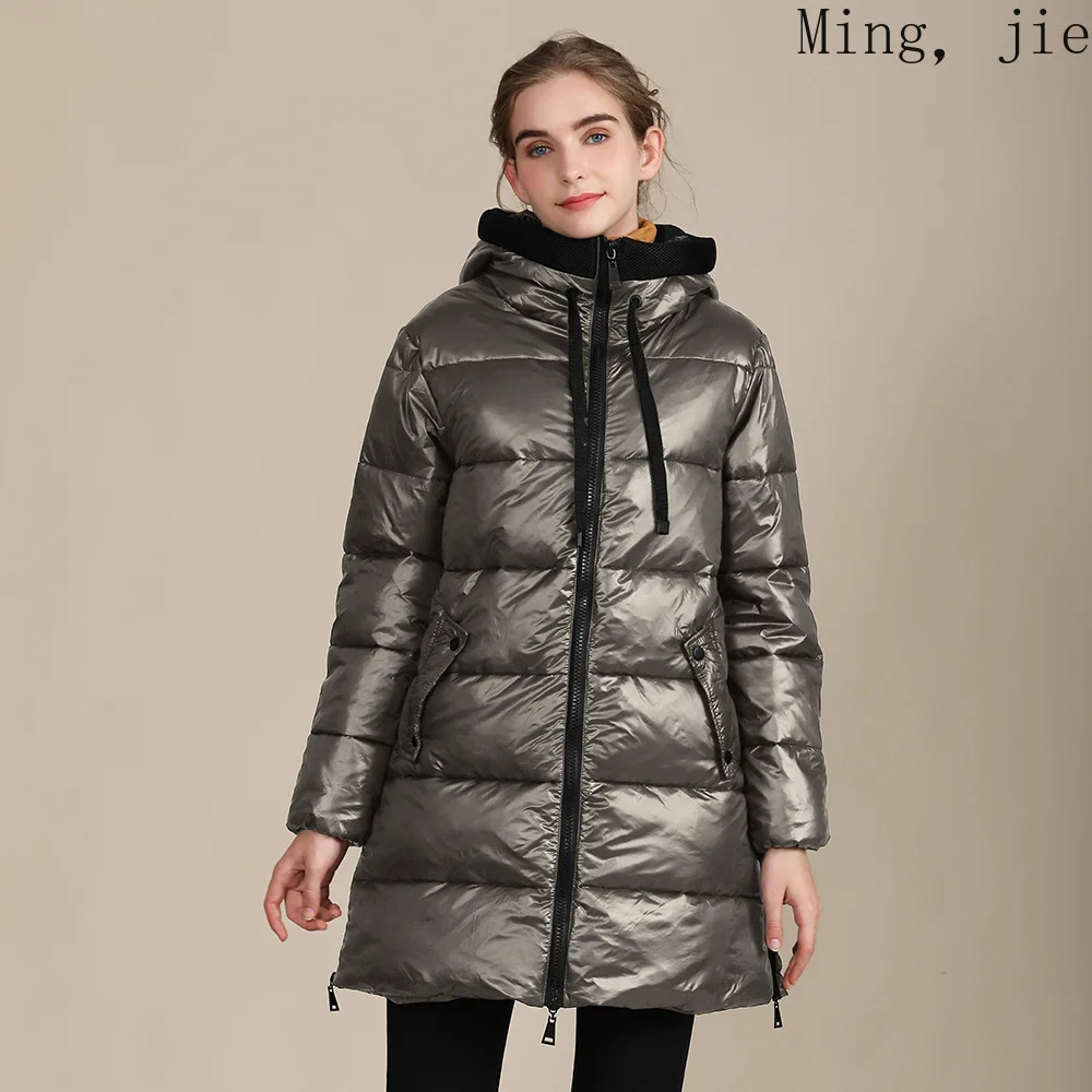 

European New 2020 Women's Mid-length Cotton Jacket Nylon Shiny Hooded Winter Coat Jacket Bubble Luxury Autumn Bubble