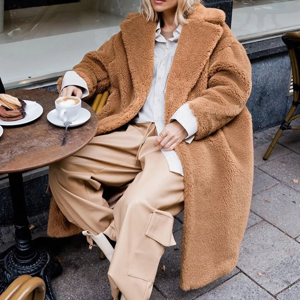 

2021 New Women Thicken Long Plush Overcoat Long Sleeve Solid European American Style Loose Warm Casual Female Coat Autumn Winter