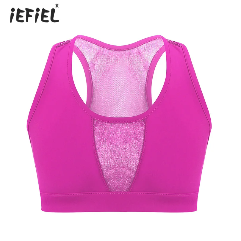 

iEFiEL Kids Girls Solid Color Sleeveless Racer Back Stretchy Shiny Mesh Splice Tanks Tops Crop Top for Dancing Stage Performance