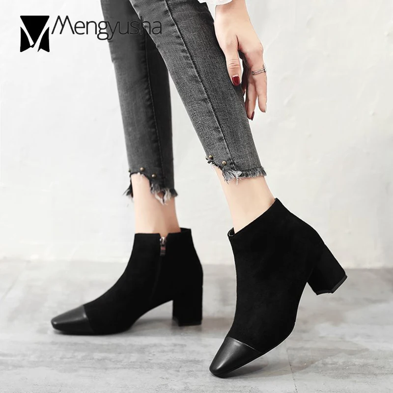 Черные Лоскутные Швейные короткие зимние ботинки женские Ботинки martin из флока на