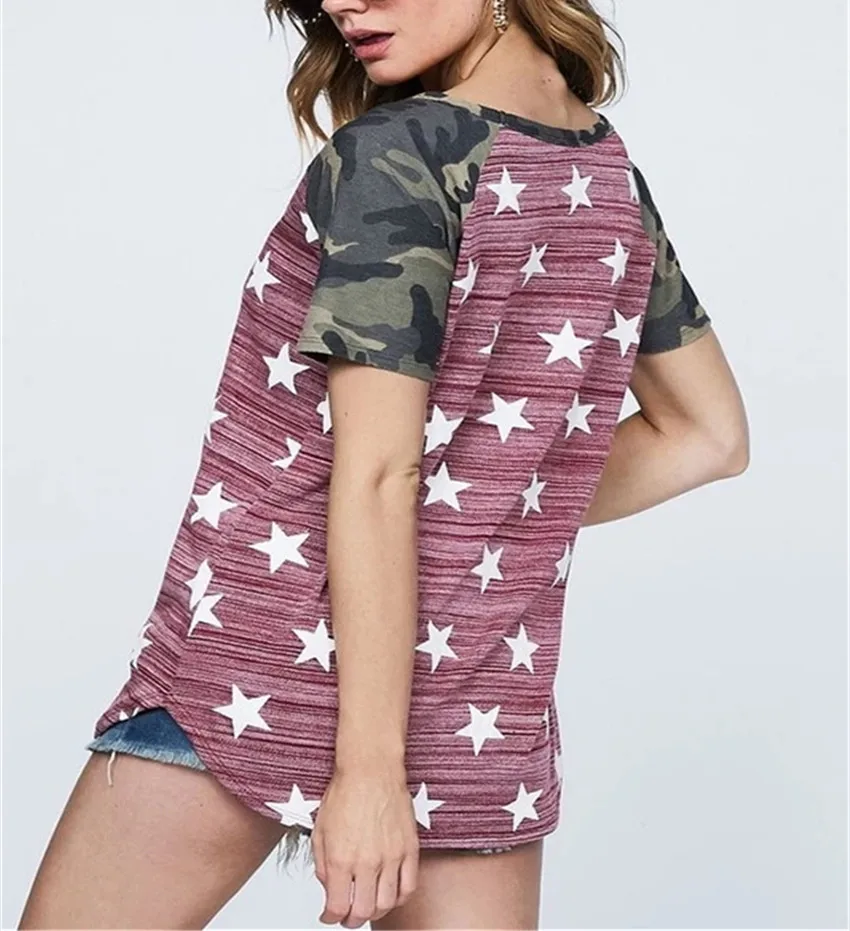 

Stars Print Women T Shirt Camouflage Sleeve Patchwork Top Women Clothes Tee Female Casual Short Sleeve tshirt O-Neck Tops Tee