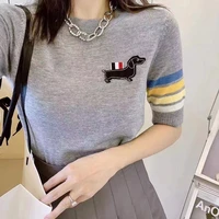 wool blend t shirt femme summer green tops for women 2021 ubrania damskie o neck short sleeve tees striped casual thin