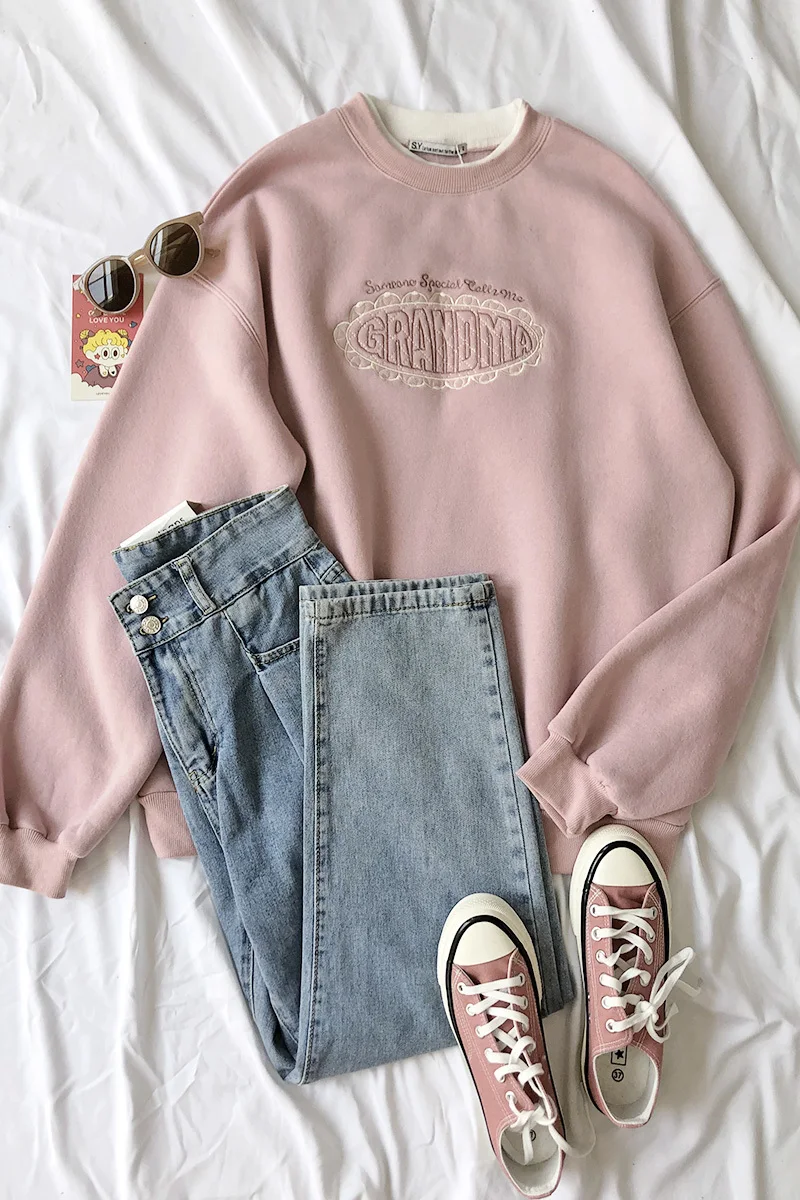 

Spring Women Pink Sweatshirt Letter Embroidery Thickening 2 In 1 Pullovers Tops