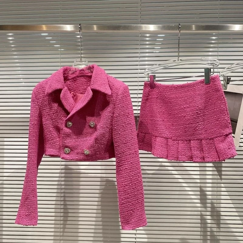 

Pinkcoarse Tweed Diamond Button Short Blazer + Pleated Skirt Lady Suit 2021 Autumn New Style Small Fragrance Two Piece Set