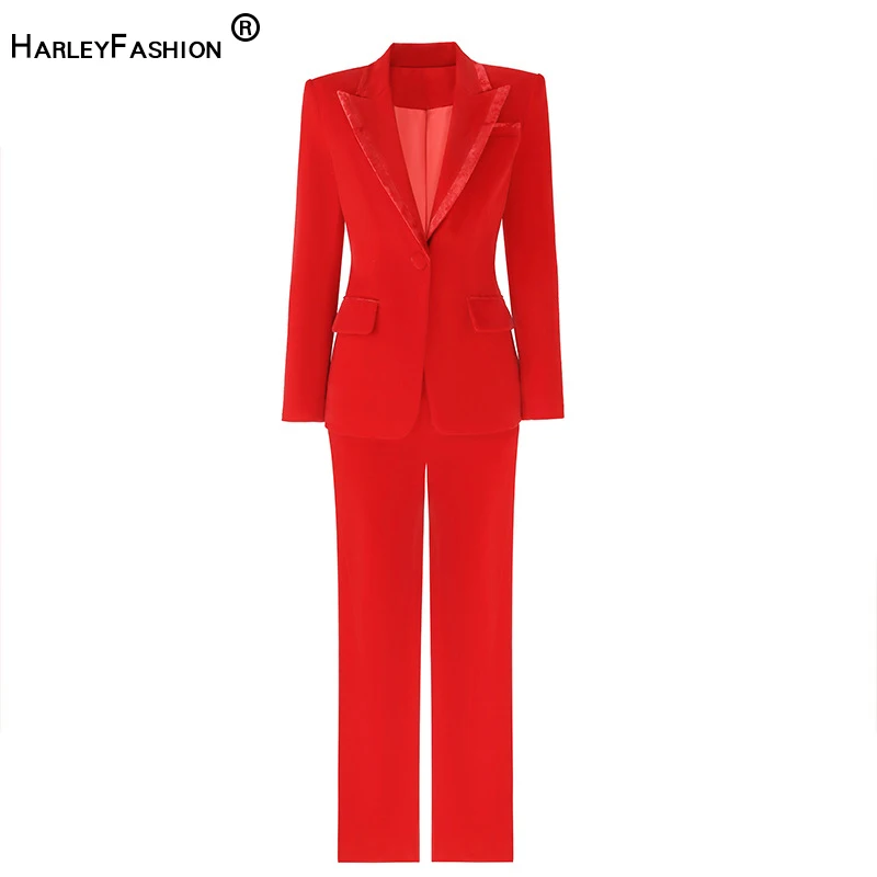 HarleyFashion Women Red Velvet Track Suit Quality Blazer and Pants for Lady Office 2 Pieces Sets Luxury Design