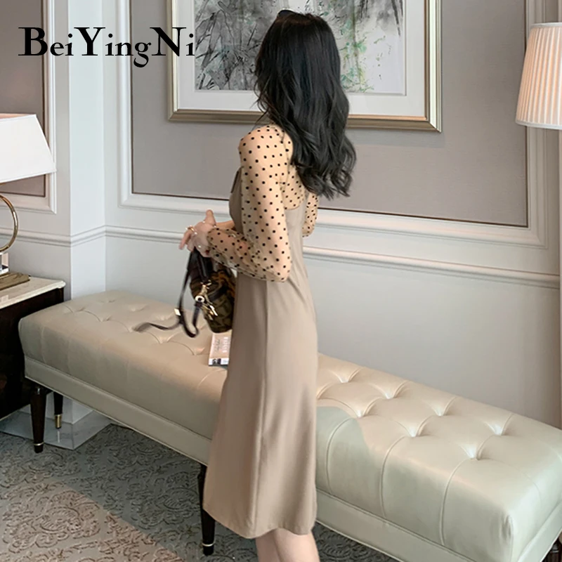 

Beiyingni 2021 Spring New Fashion Womens Dresses Polka Dot Printed Mesh Patchwork Split Vintage Dress Female Sexy Party Vestidos