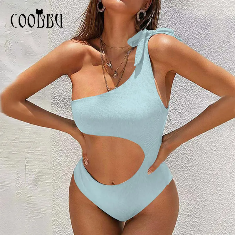 

COOBBU Bow One Shoulder Swimsuit Women Hollow Out Swimwear 2021 Sexy Bathing Suit Monokini Solid Beachwear Swim One-Piece Suits