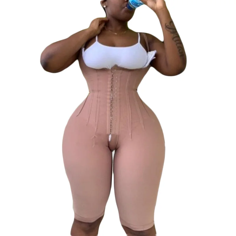 

Women' Corset Free Bust Knee Length Compression Garment With Thin Straps Eye Hook Bodysuit