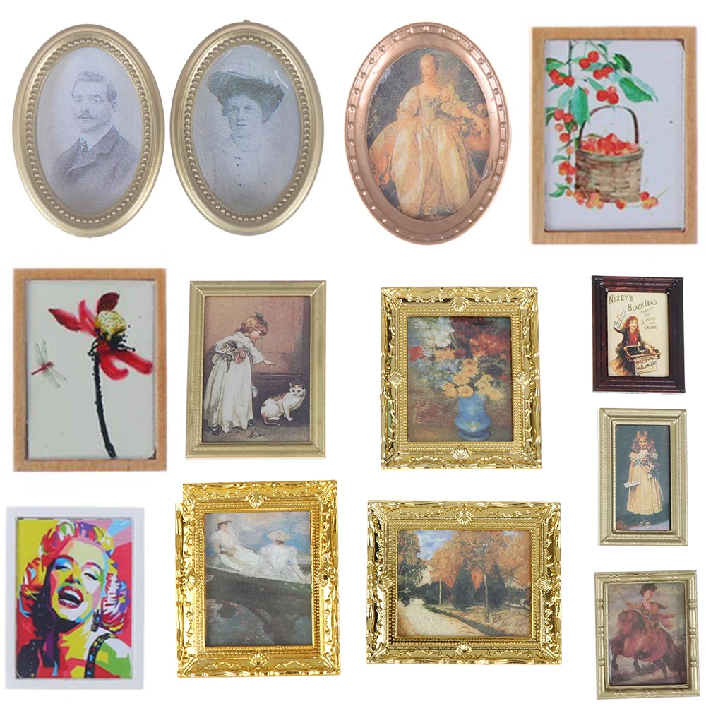 

1/12 Vintage Frame Mural Wall Painting for Dollhouse Dolls House Living Room Bedroom Furniture Decor Toys Resin Miniature