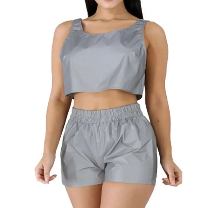 

Women 2Pcs Outfit Set Sexy Reflective Sleeveless Crop Top Shorts Club Tracksuit