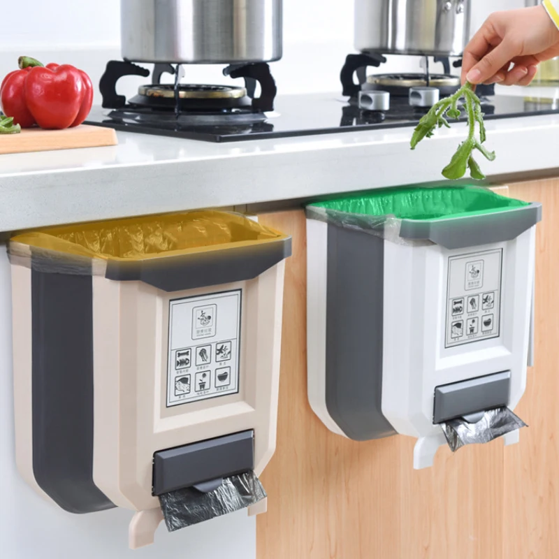 

Folding Trash Can Kitchen Cabinet Door Hanging Waste Bin Car Trash Can Wall Mounted Trashcan for Bathroom Toilet Waste Storage