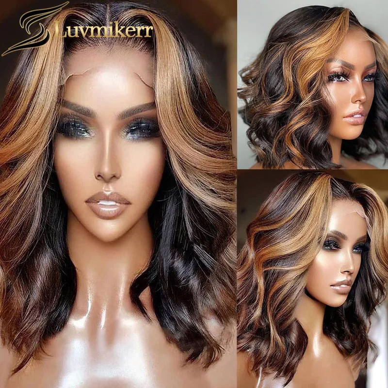 

Brown Highlight Honey Blonde Colored Bob Short Human Hair Wig Body Wave HD 13x4 Lace Front Wig Pre Plucked Closure Wig 150 Women
