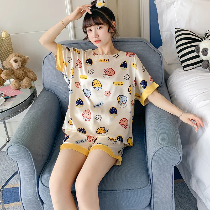 Женская футболка с короткими рукавами и лед Шелковая пижама Лето корейский стиль