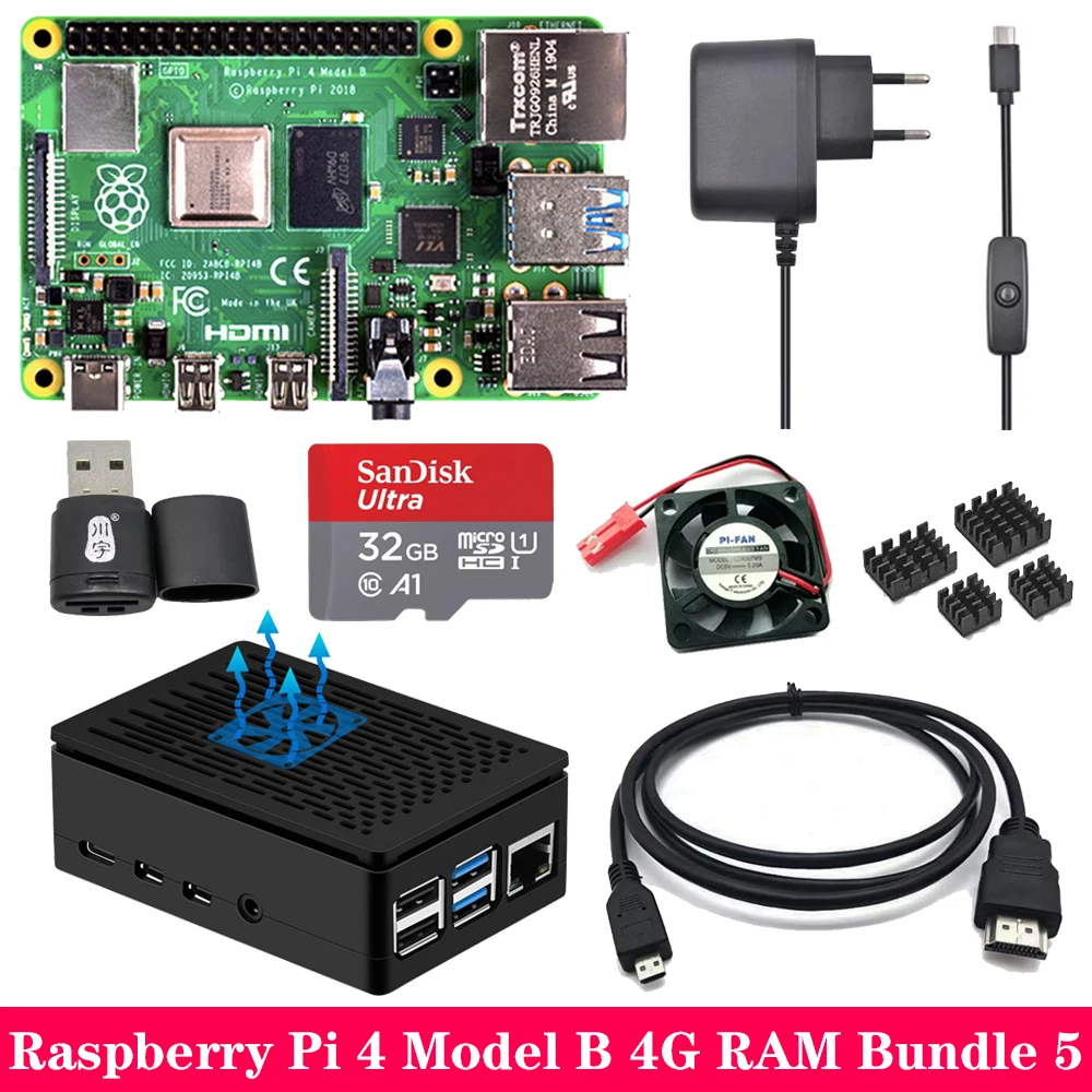 Raspberry Pi 4 2 ГБ 4 ГБ ОЗУ с ABS чехол источник питания алюминиевый теплоотвод Micro HDMI кабель для Raspberry Pi 4 Модель B Pi 4B Pi4 - Комплект: Комплект 5