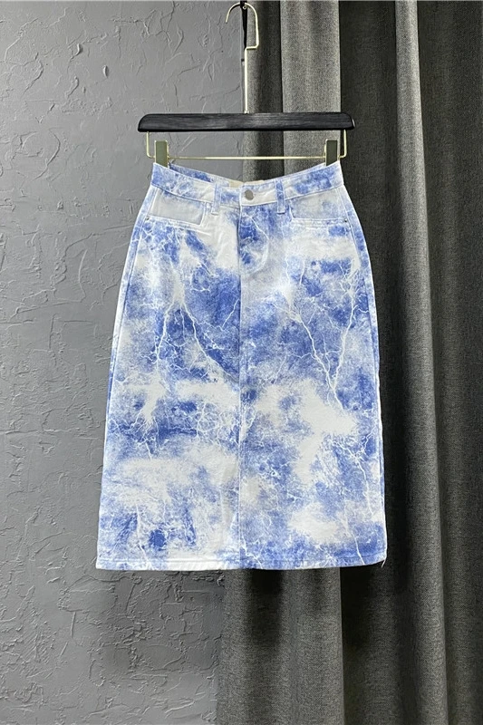 

21 New Summer Women's High Waist Skirt Blue Blooming Denim Skirt Straight Denim Skirt Female H Line Skirt Casual Straight Skirt