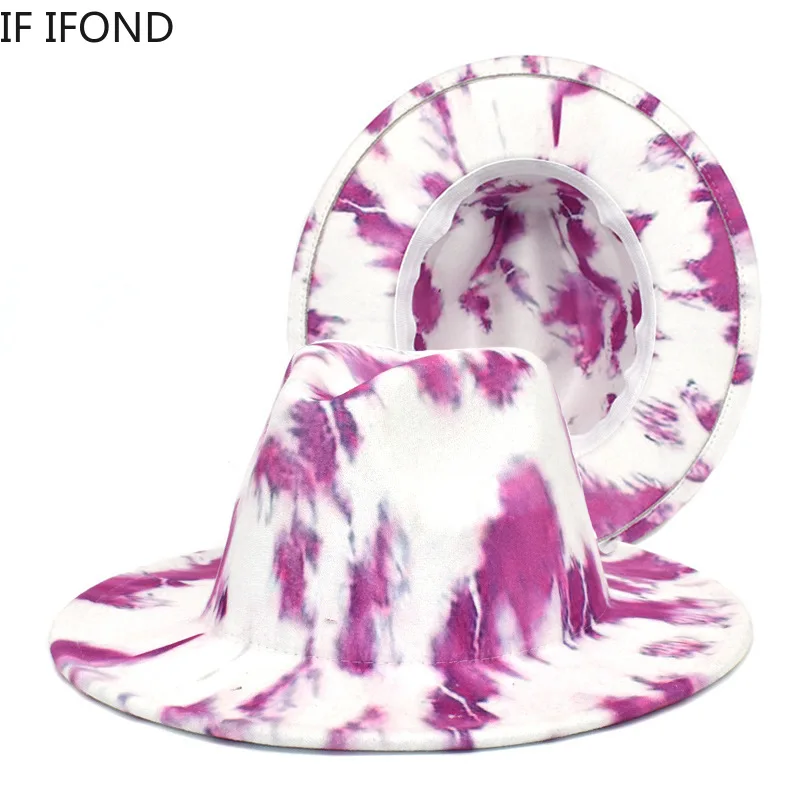 

Wholesale Women Men Felted Fedora Hats Tie Dye Print Wide Brim Jazz Cap Multicolor Spring Winter Panama Trilby Party Cap