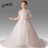 elegant pink flower girl dress for weddings ht139 embroidery lace train pageant dresses for girls back bow flower girl ball gown