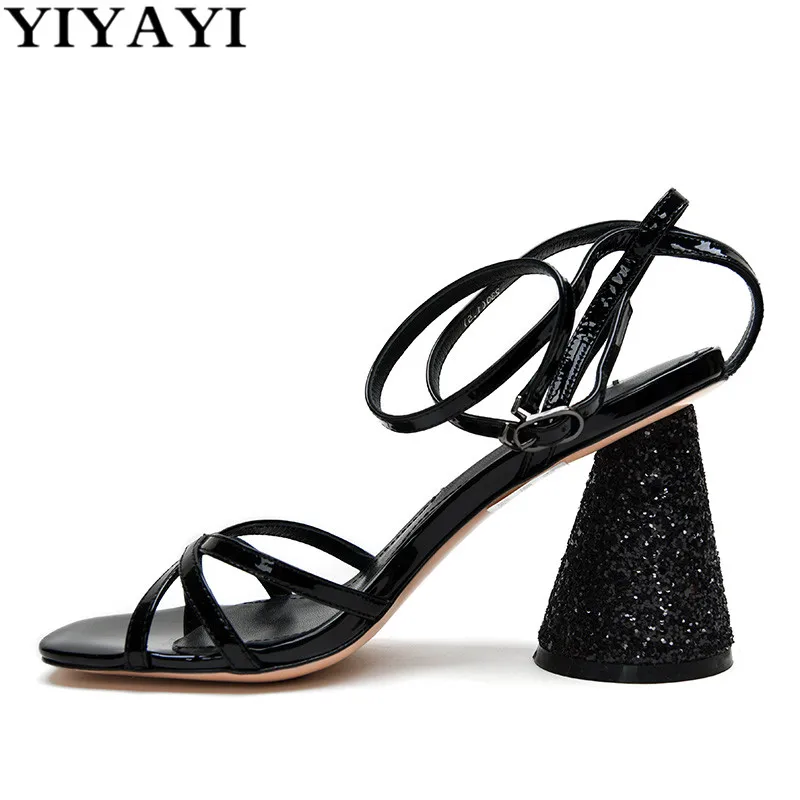 Bling Summer Sandals Spike High Heels Runway Square Toe Women Joker Dress Party Shoes Woman Black Zapatos Mujer 2019 |