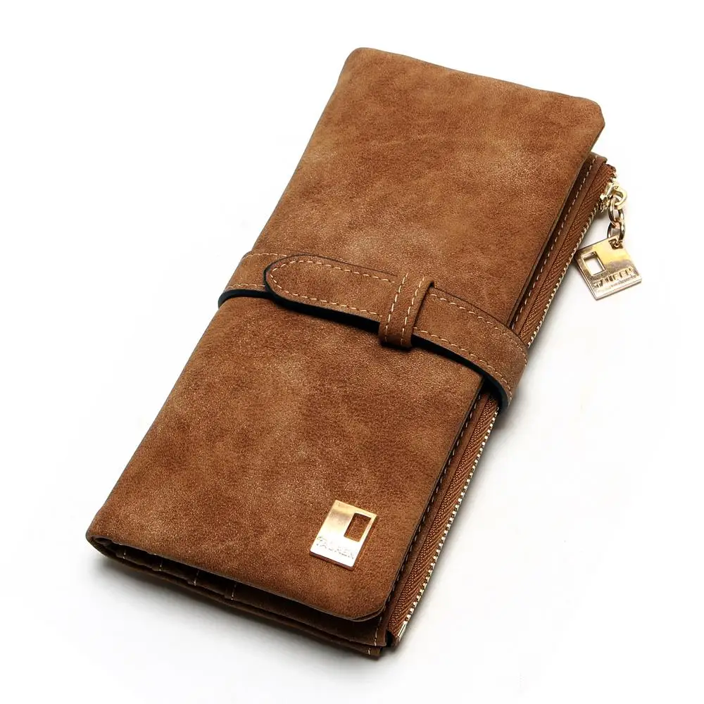 

2021 New Fashion Women Wallets Drawstring Nubuck Leather Zipper Long Design Purse Two Fold More Color Clutch