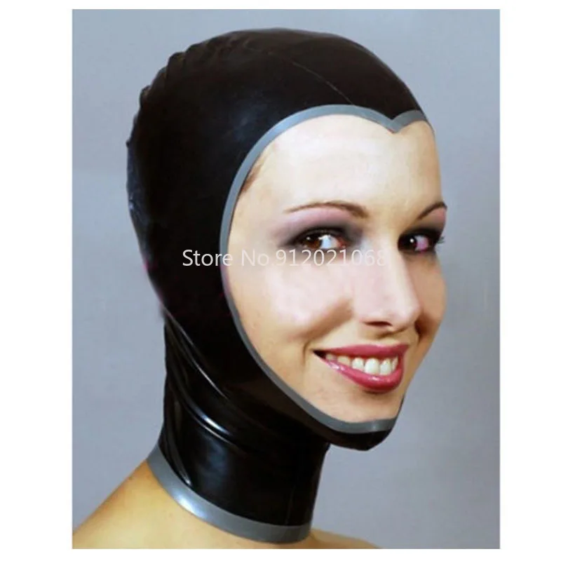 

Women Latex Rubber Mask Black Hood with Silver Trims Back Zip Open Face Club Wear Women Halloween Cosplay Costumes