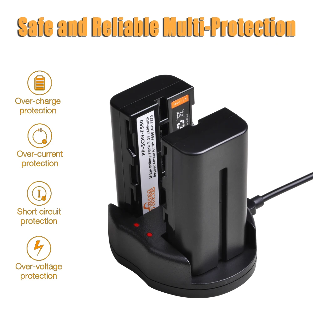 2 шт. 2600 мач аккумулятор для камеры NP F550 с двумя USB портами Sony F570 зарядным