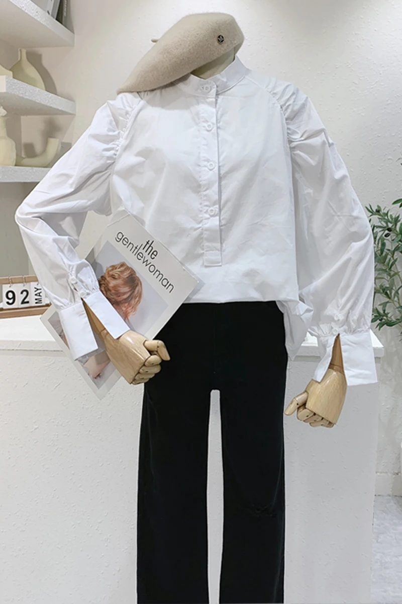 

2021 Early Autumn Korean Style Pleated Blouses for Women Long Raglan Sleeve White Casual Shirt Lady Loose Slimming Shirt Top