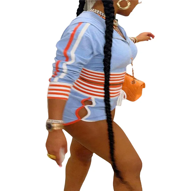 

2 Pcs Women Casual Shorts Set Summer Sports Outfits Color Block Striped Half Sleeve Cardigan + Cutout Shorts With Drawstring