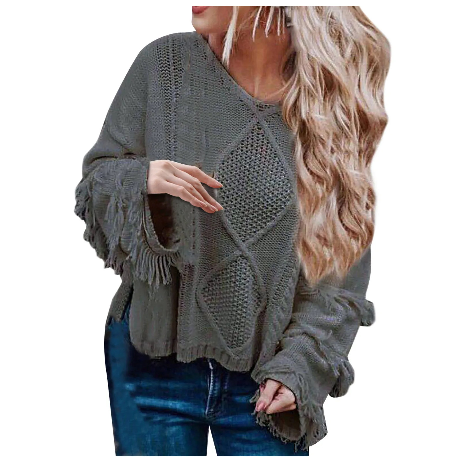 

Harajuku Women Autumn Winter Loose Solid Color Wide Sleeve Tassels Stitching Long-sleeved O-neck Knit Sweater Top Ropa De Mujer