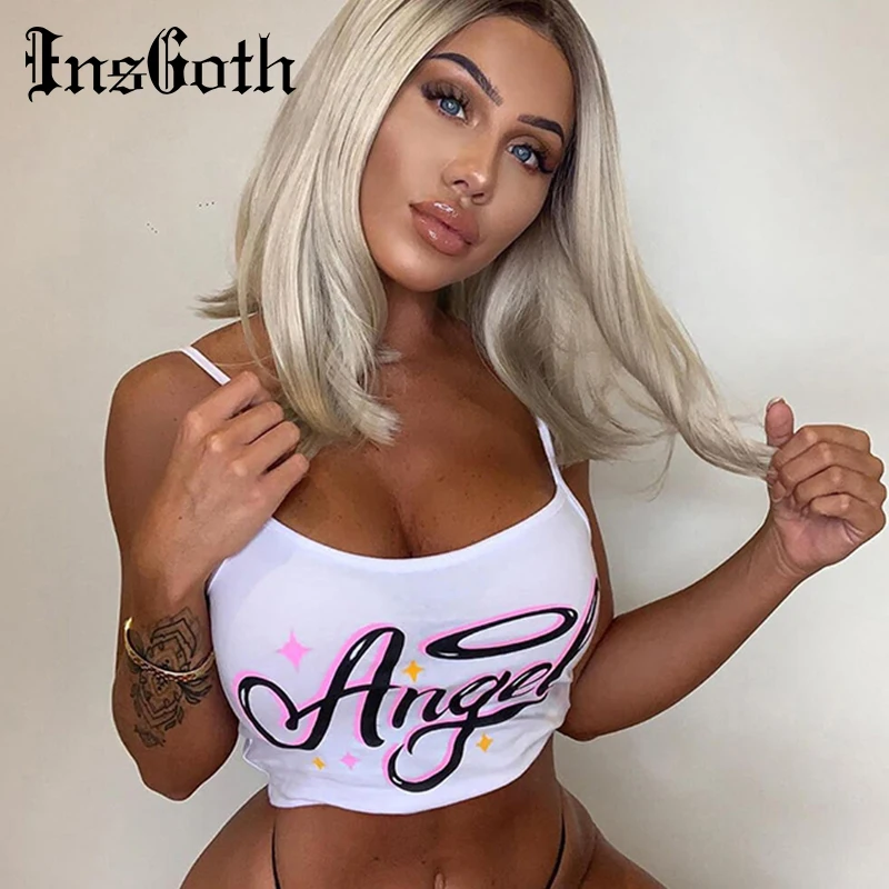 Женский укороченный топ на бретельках InsGoth белый с открытыми плечами и принтом в