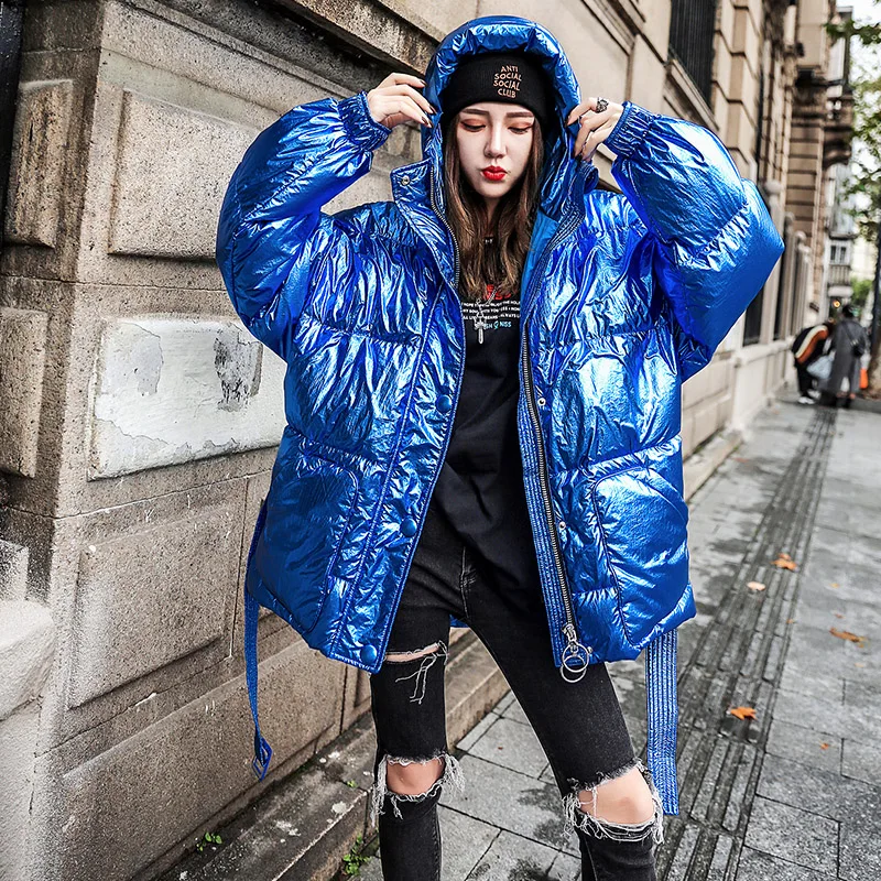 Женское хлопковое пальто, новая модная зимняя короткая парка, Толстая Теплая стеганая куртка с капюшоном, свободное повседневное синее пальто для женщин AN292