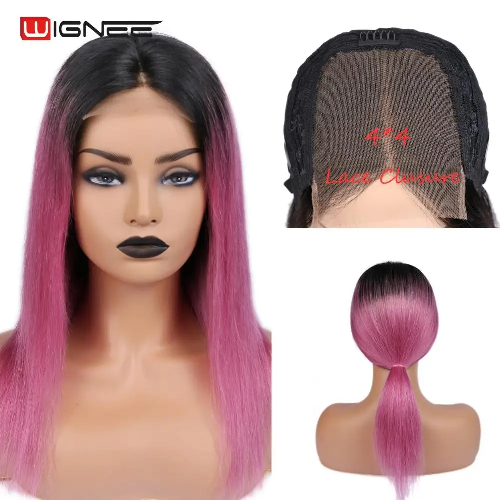 Wignee 4x4 Lace Closure Remy Brazilian Human Hair Wigs For Women PrePlucked Hairline With Baby Ombre Purple/Pink Wig | Шиньоны и парики